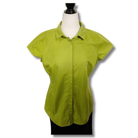 WORTHINGTON Chartreuse green short-sleeve button-down shirt MEDIUM LARGE blouse - Picture 3 of 14